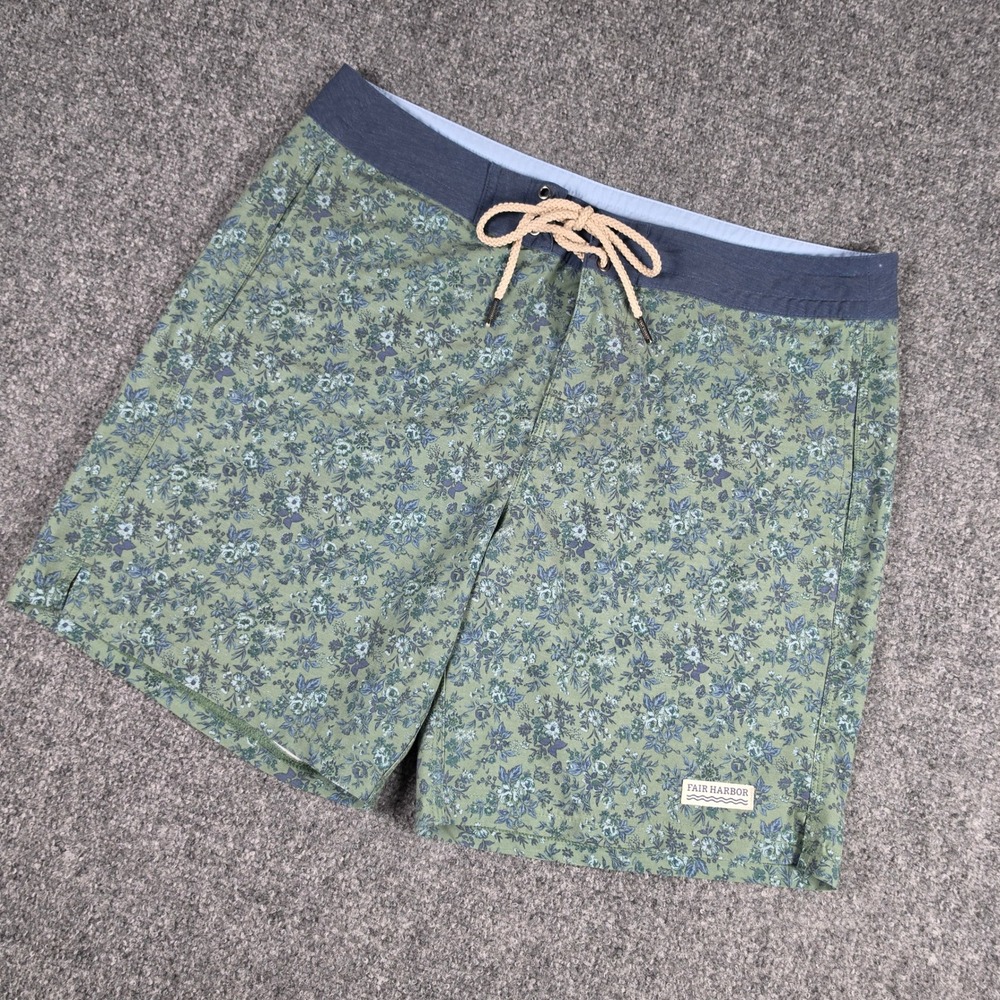 Fair Harbor Board Shrots Mens 36 Green Floral Swim Trunks Drawstring Unlined
